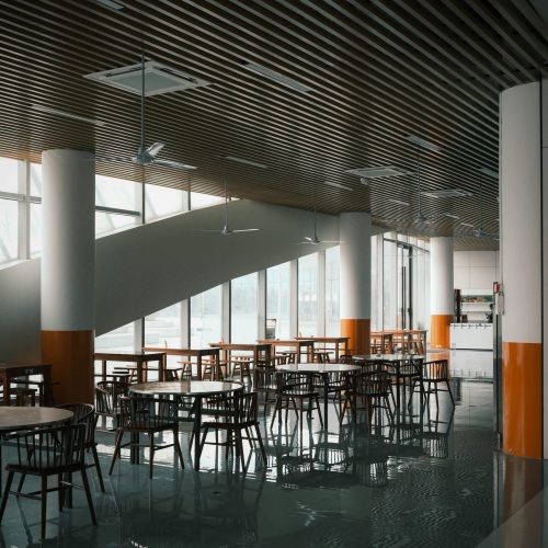 Spacious modern cafeteria with wooden slat ceilings and large windows. Ideal for architectural designs.